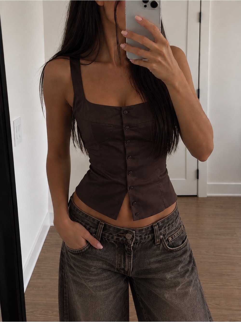 Peppermayo Brown Satin Button Front Top - Picture 2 of 4